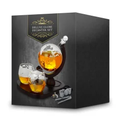 Zestaw do whisky GLOBUS DELUXE: karafka, 2 szklanki, drewniana podstawka i kamienne kostki