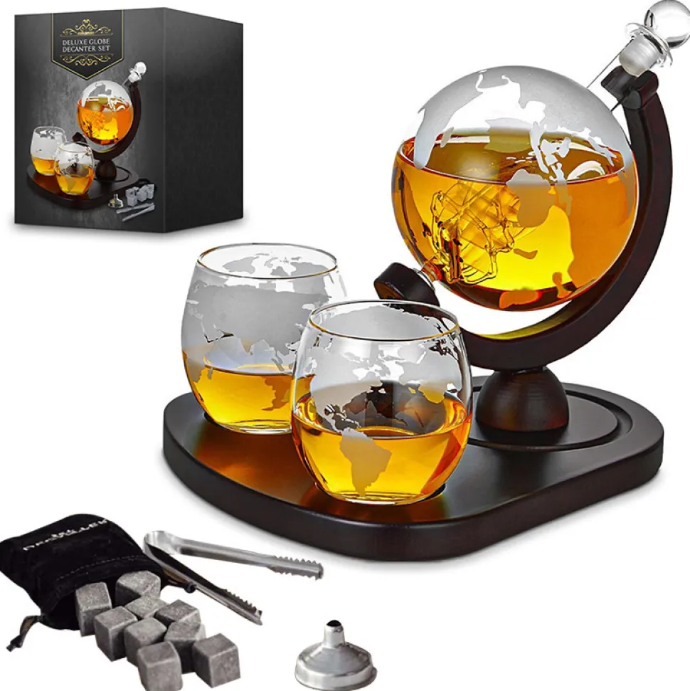 Zestaw do whisky GLOBUS DELUXE: karafka, 2 szklanki, drewniana podstawka i kamienne kostki
