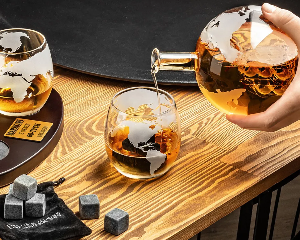 Zestaw do whisky GLOBUS DELUXE z GRAWEREM - prezent dla taty faceta męża chłopaka na urodziny Święta