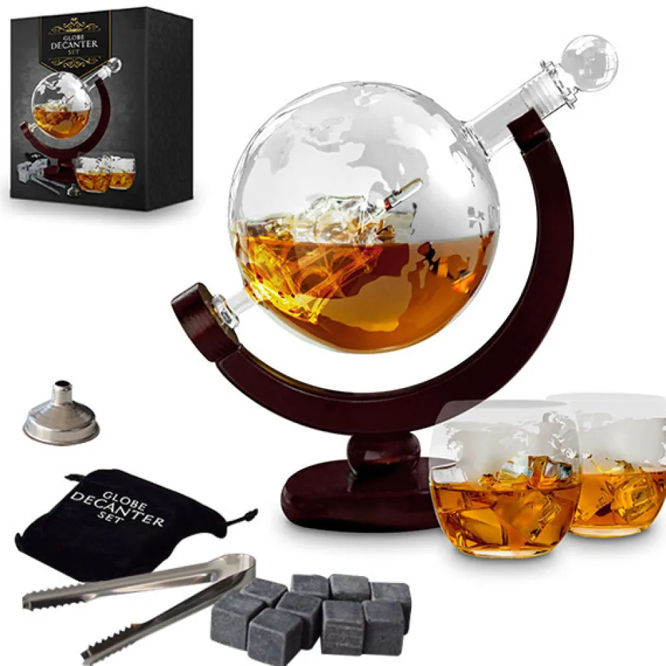 Zestaw do whisky GLOBUS: karafka, 2 szklanki i kamienne kostki - prezent na 40 50 60 urodziny dla faceta taty męża
